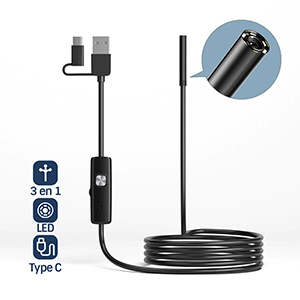 Endoscope Mini Camra 3 En 1, 7mm Micro USB Type-C 6 LED tanche, Compatible Smartphone Tablette Android Et PC